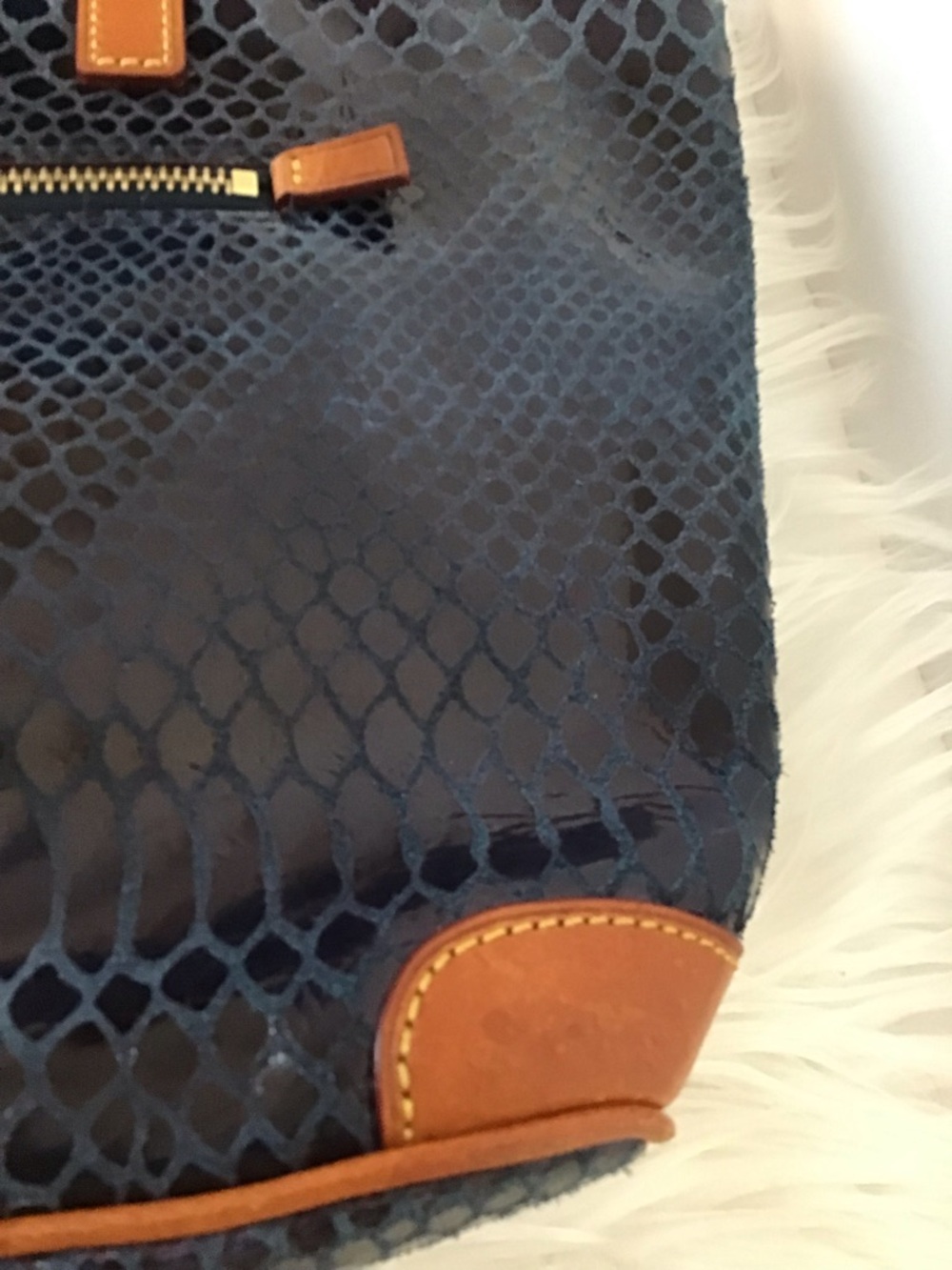DOONEY & BOURKE Dark Blue Exotic Leather Tan Straps Tote Excellent - Picture 14 of 16